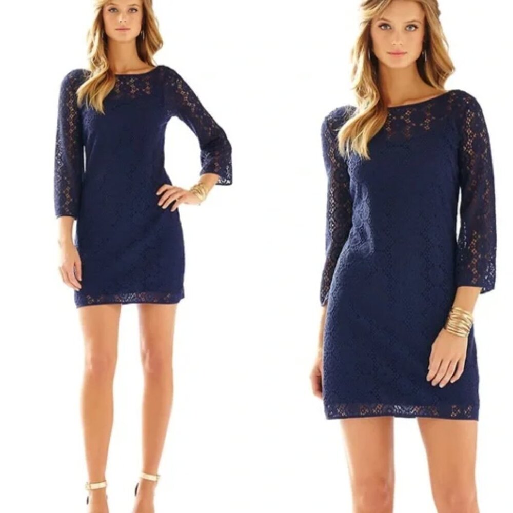Lily Pulitzer Navy Blue Topanga Crocket Long Bell sleeve Mini Dress